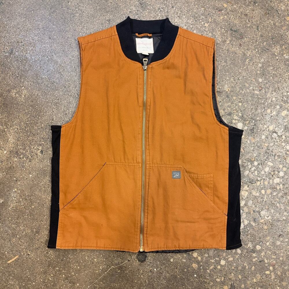 Weatherproof Vintage XL Tan Zip Vest Navy Rib Collar Sleeveless Bomber